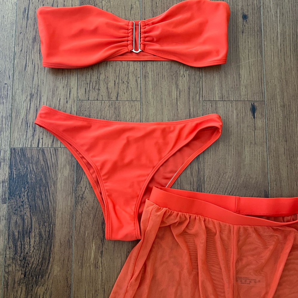 Vibrant Orange Bikini Set with Sheer Skirt NWOT